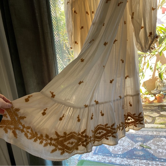 Free people Rare long sleeve midi dress yellow embroidered cotton gauze & slip - Picture 3 of 6